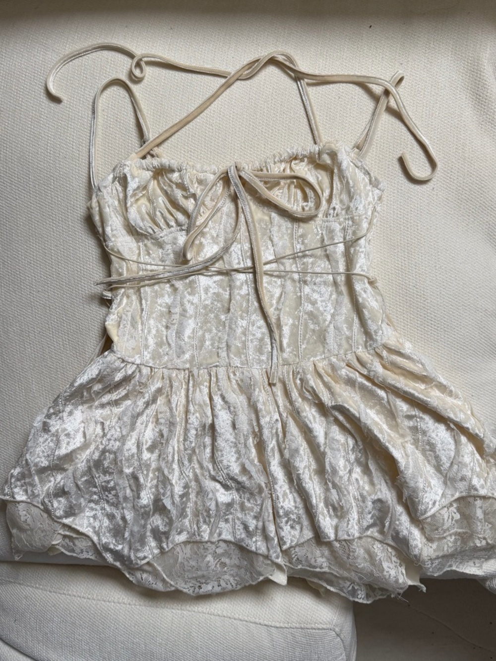 Strappy Crushed Velvet Mini Dress in Cream